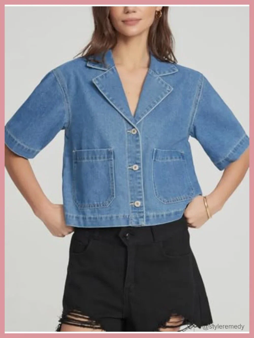 Cropped Denim Jacket Short Sleeve Boxy Button Front Jean Shirt for Women